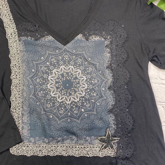 Desigual 3/4 Sleeve Ivette V-Neck Embellished Tee  Top Black M‎ - Picture 2 of 11